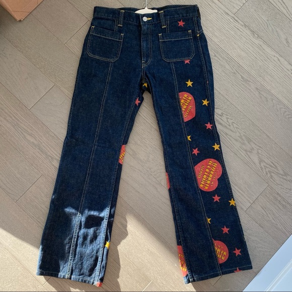 Hysteric Glamour quad-hemmed yellow/red star/heart printed jeans! Rare! - Picture 3 of 4